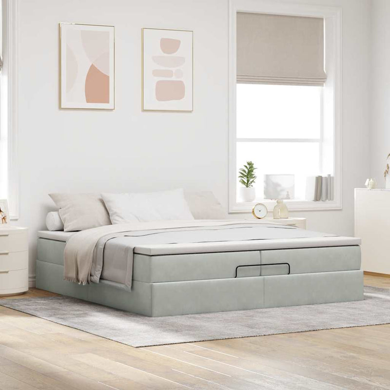 vidaXL Ottomán ágykeret matracokkal világosszürke 200x200cm bársony