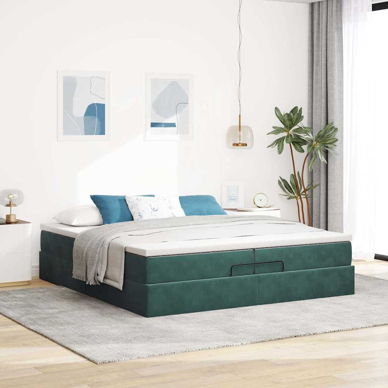 vidaXL Ottomán ágykeret matracokkal Sötétzöld 200x200cm bársony