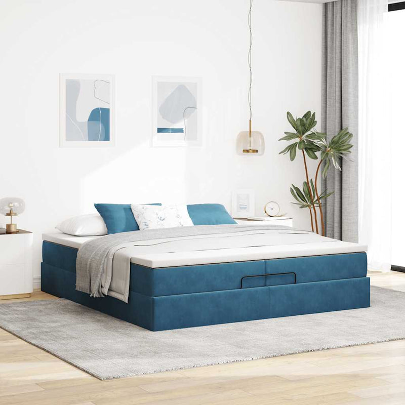 vidaXL Ottomán ágykeret matracokkal Sötétkék 200x200cm bársony
