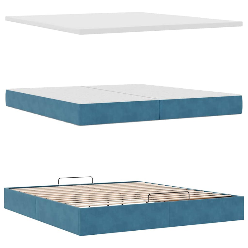 vidaXL Ottomán ágykeret matracokkal Sötétkék 200x200cm bársony