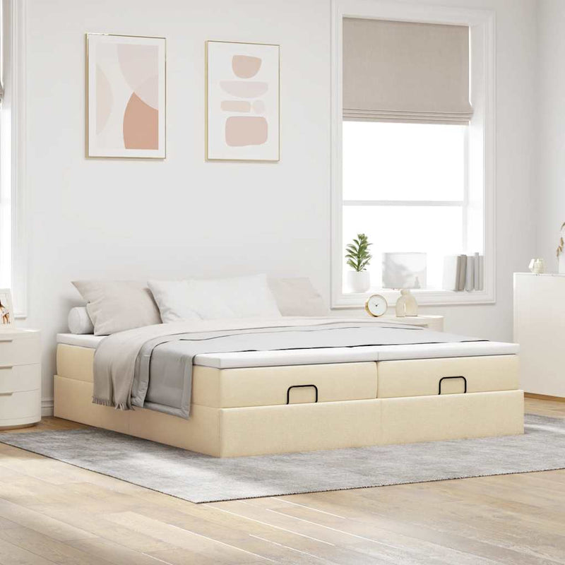 vidaXL Ottomán ágykeret matracokkal Krém 160x200cm szövet