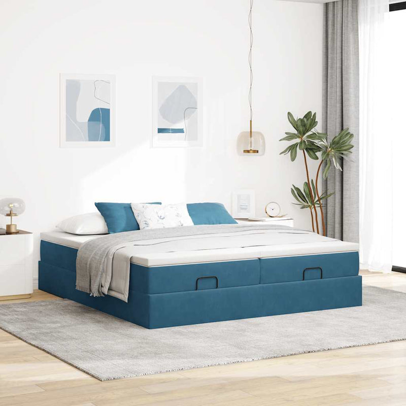 vidaXL Ottomán ágykeret matracokkal sötétkék 160x200cm bársony