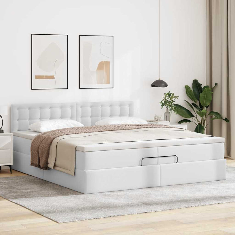 vidaXL Ottomán ágykeret matraccal Fehér 200x200cm műbőrrel