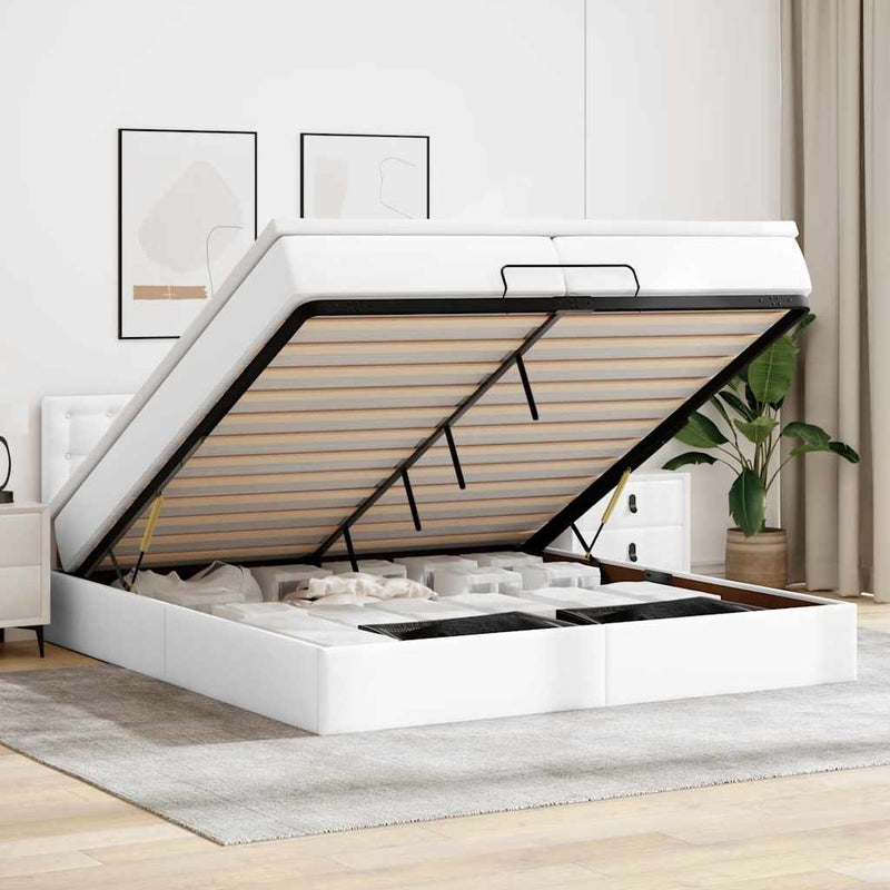 vidaXL Ottomán ágykeret matraccal Fehér 200x200cm műbőrrel