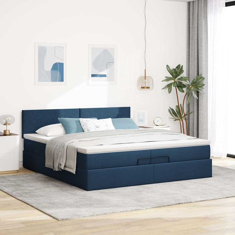 vidaXL Ottomán ágykeret matraccal Kék 200x200 cm szövet