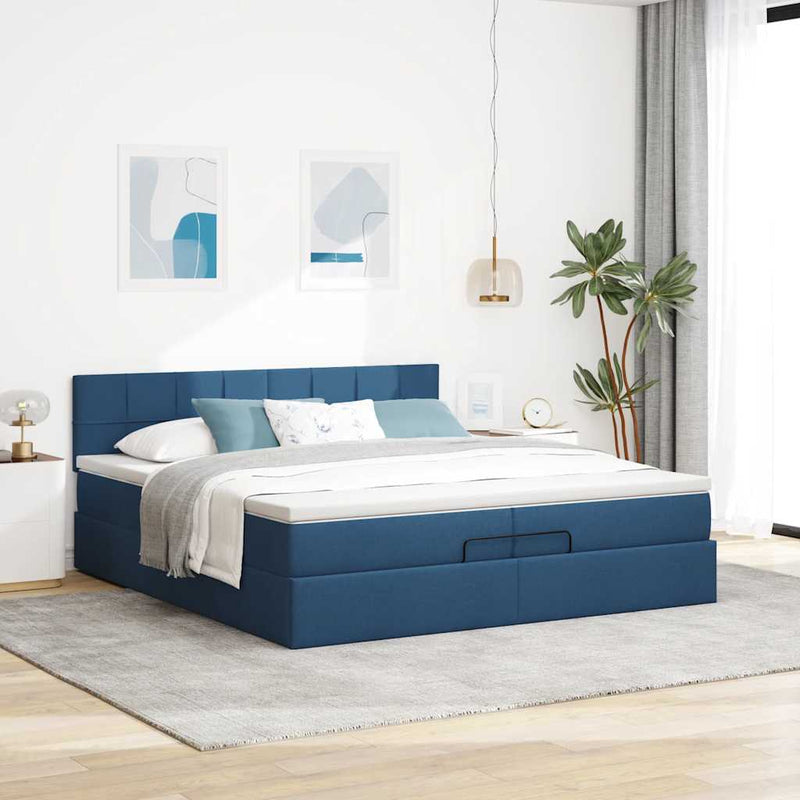 vidaXL Ottomán ágykeret matraccal kék 200x200 cm szövet