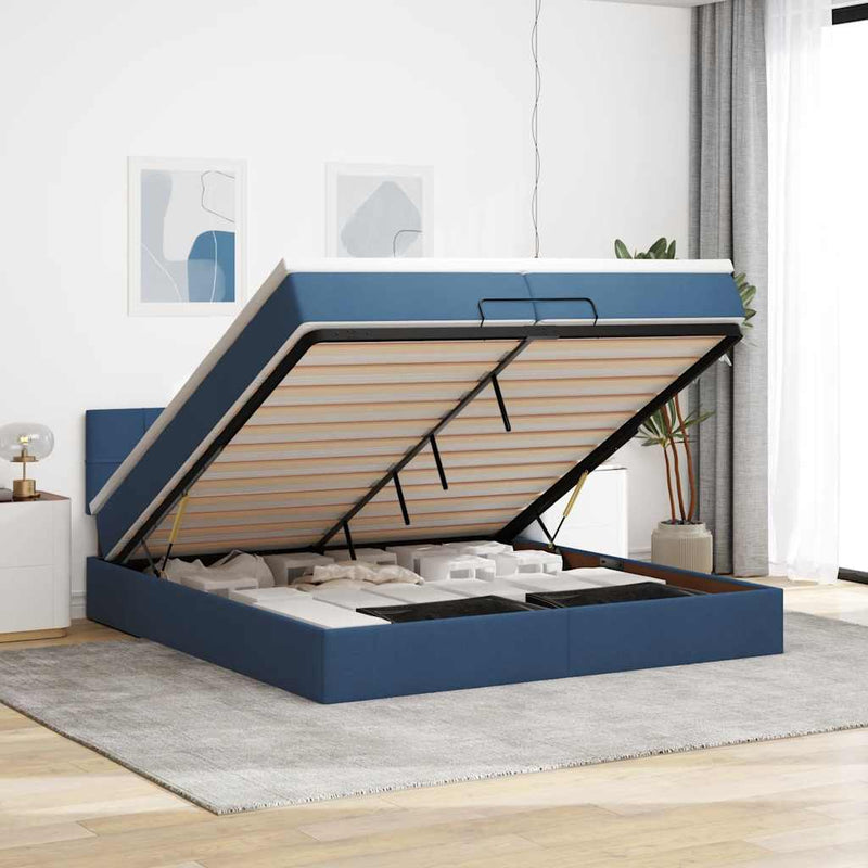 vidaXL Ottomán ágykeret matraccal kék 200x200 cm szövet
