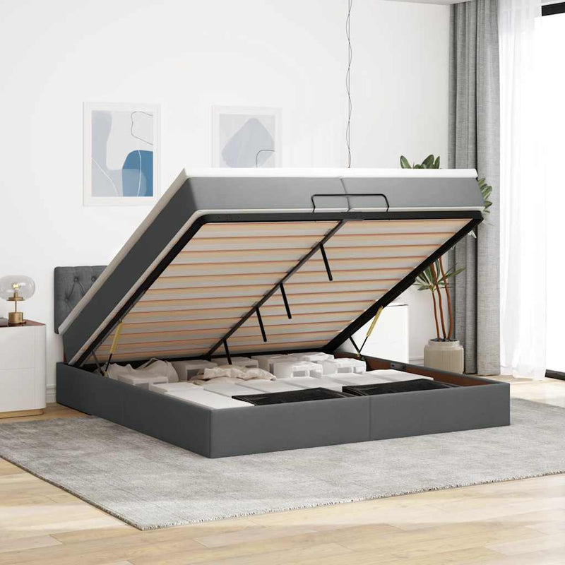 vidaXL Ottomán ágykeret matraccal sötétszürke 200x200 cm szövet