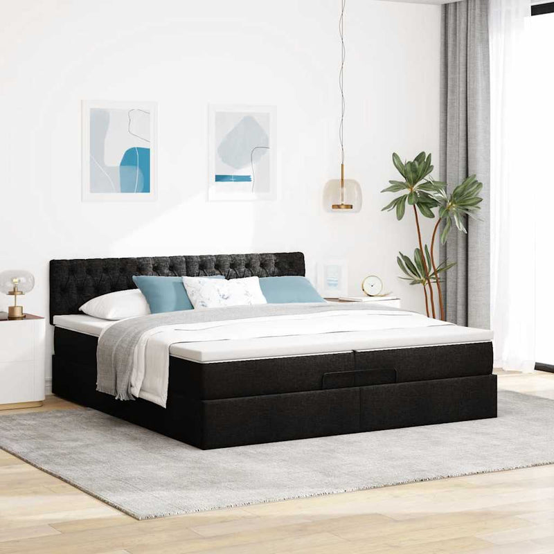 vidaXL Ottomán ágykeret matraccal fekete 200x200 cm anyaggal