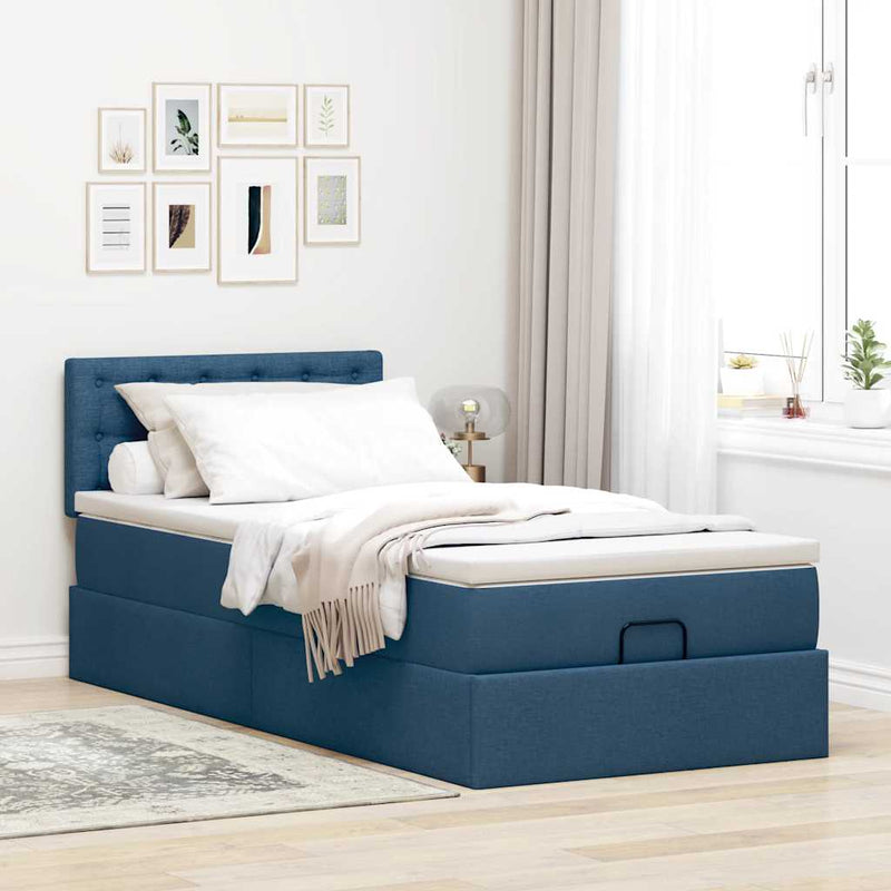 vidaXL Ottomán ágykeret matraccal kék 90x190cm szövet