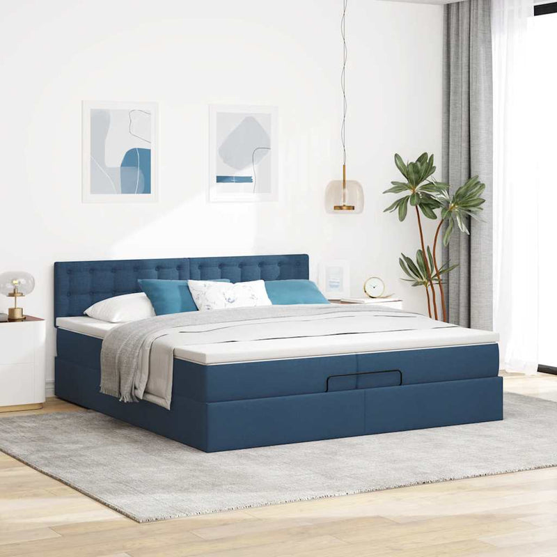 vidaXL Ottomán ágykeret matraccal kék 200x200 cm szövet
