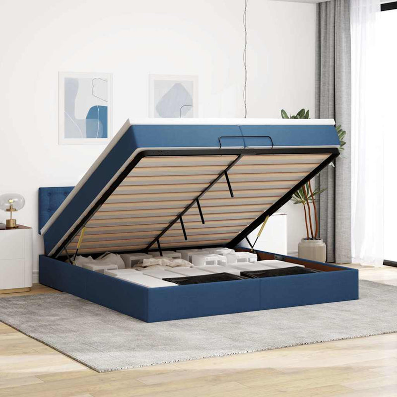 vidaXL Ottomán ágykeret matraccal kék 200x200 cm szövet