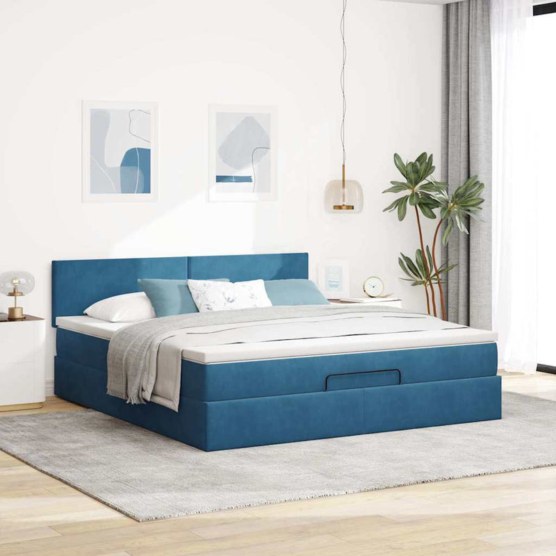 vidaXL Ottomán ágykeret matraccal sötétkék 160x200cm bársony