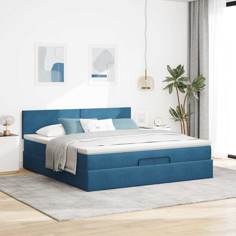 vidaXL Ottomán ágykeret matraccal sötétkék 180x200cm bársony