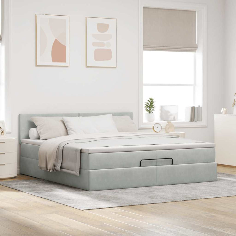vidaXL Ottomán ágykeret matraccal világosszürke 200x200 cm bársony