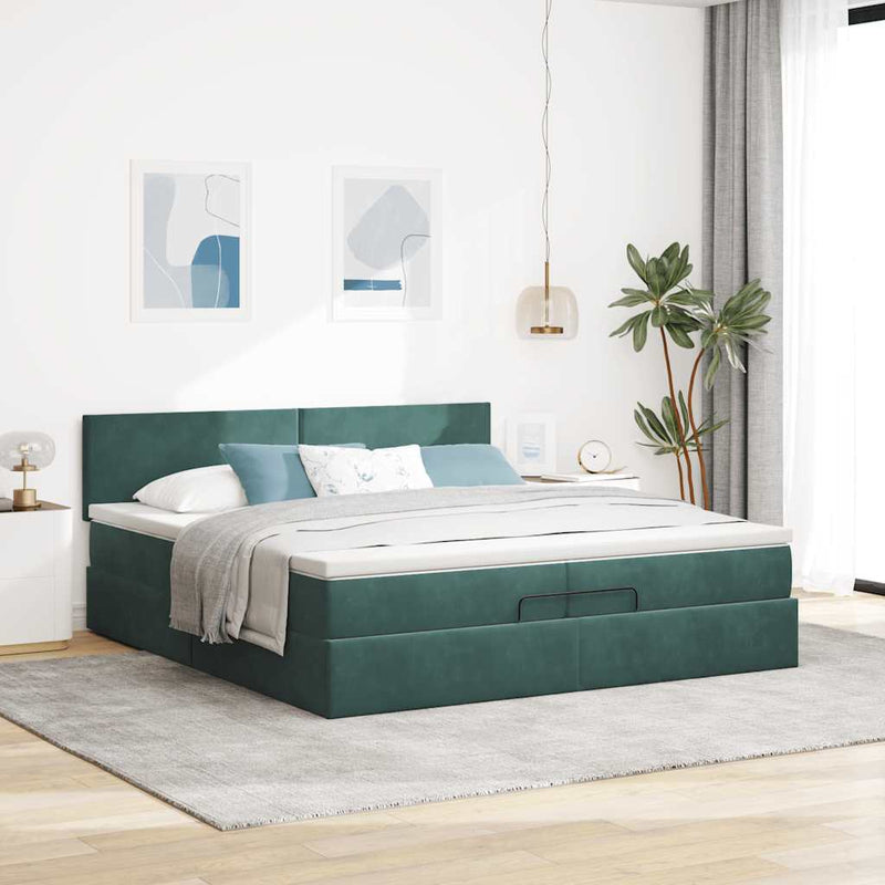 vidaXL Ottomán ágykeret matraccal sötétzöld 200x200 cm bársony