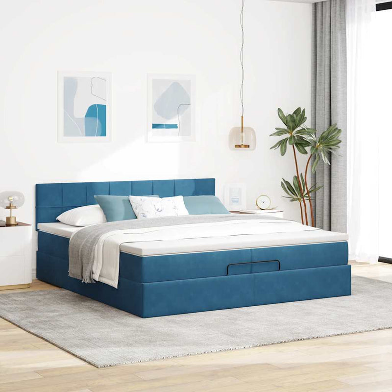 vidaXL Ottomán ágykeret matraccal sötétkék 200x200 cm bársony