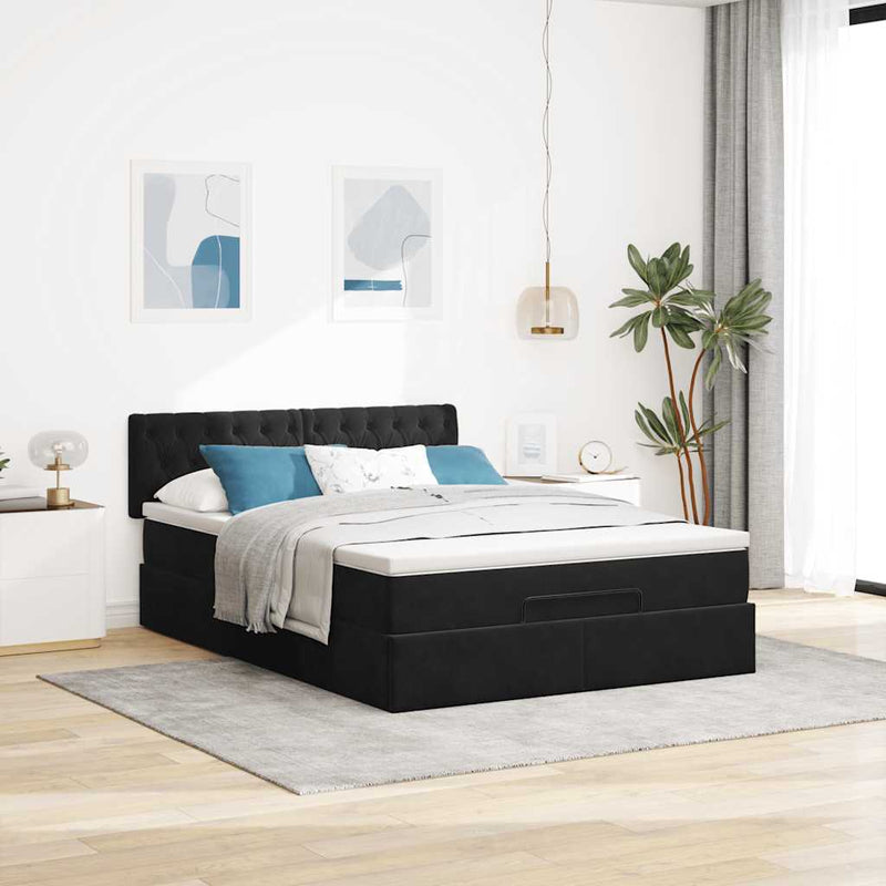 vidaXL Ottomán ágykeret matraccal fekete 140x200cm bársony
