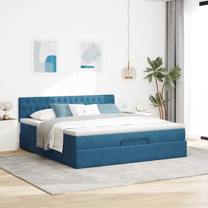 vidaXL Ottomán ágykeret matraccal sötétkék 160x200cm bársony