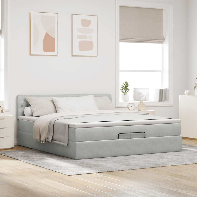 vidaXL Ottomán ágykeret matraccal világosszürke 200x200 cm bársony