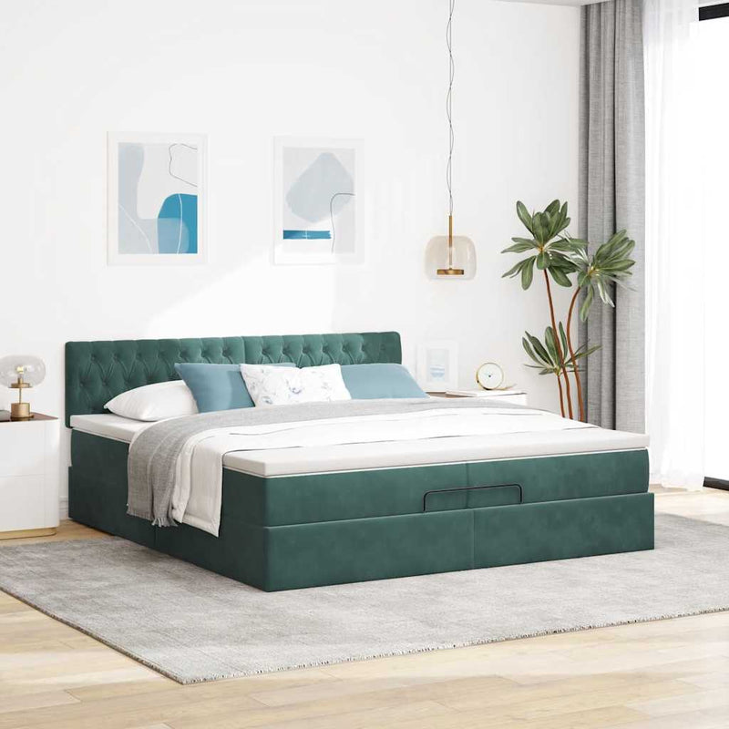 vidaXL Ottomán ágykeret matraccal sötétzöld 200x200 cm bársony