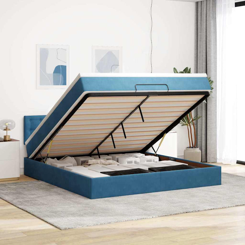 vidaXL Ottomán ágykeret matraccal sötétkék 180x200cm bársony