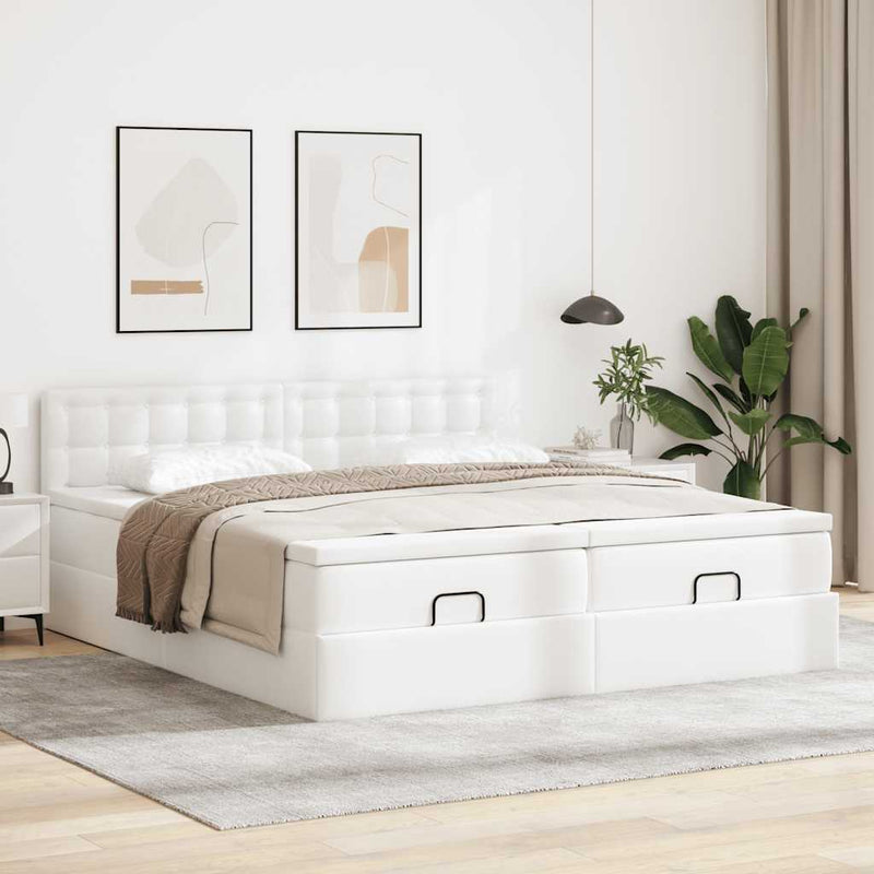 vidaXL Ottomán ágykeret matraccal Fehér 200x200cm műbőrrel