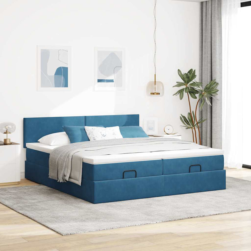 vidaXL Ottomán ágykeret matracokkal sötétkék 160x200cm bársony