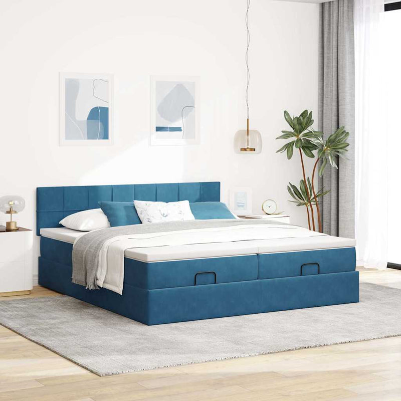 vidaXL Ottomán ágykeret matracokkal sötétkék 160x200cm bársony
