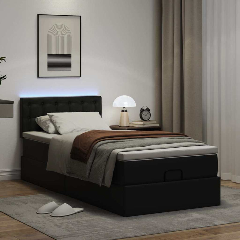 vidaXL Ottomán ágykeret matraccal Fekete 90x200cm műbőrrel