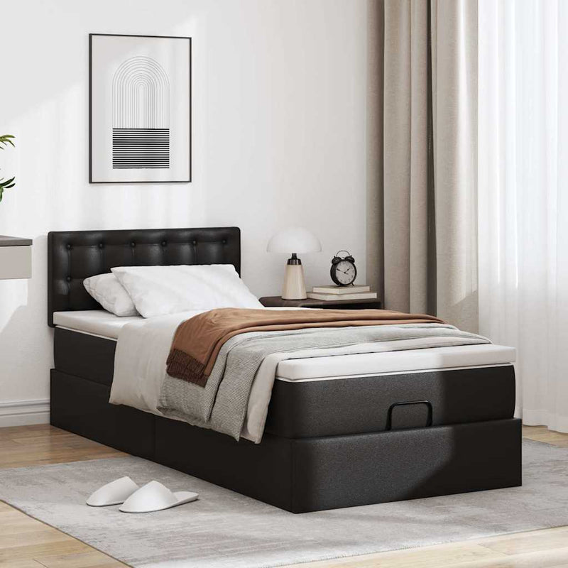 vidaXL Ottomán ágykeret matraccal Fekete 90x200cm műbőrrel