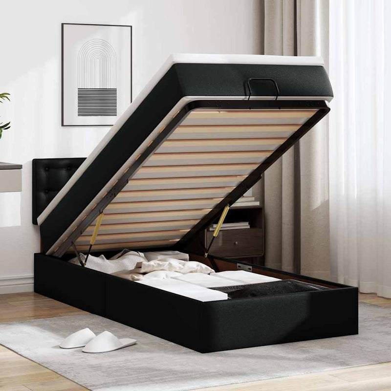 vidaXL Ottomán ágykeret matraccal Fekete 90x200cm műbőrrel