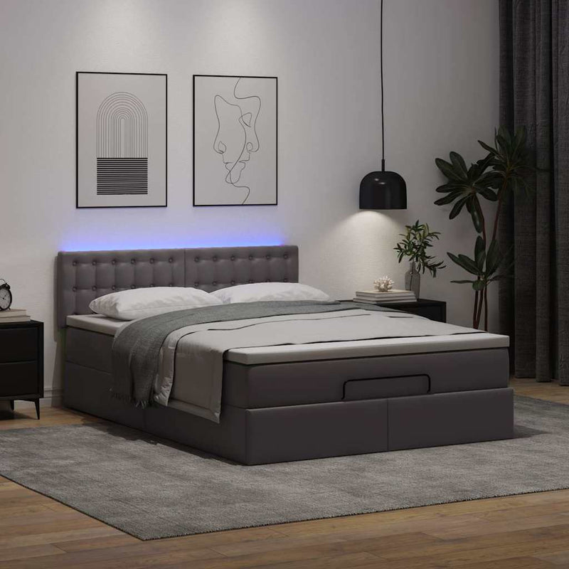 vidaXL szürke műbőr ottomán ágy matracokkal & LED-ek 140x190cm
