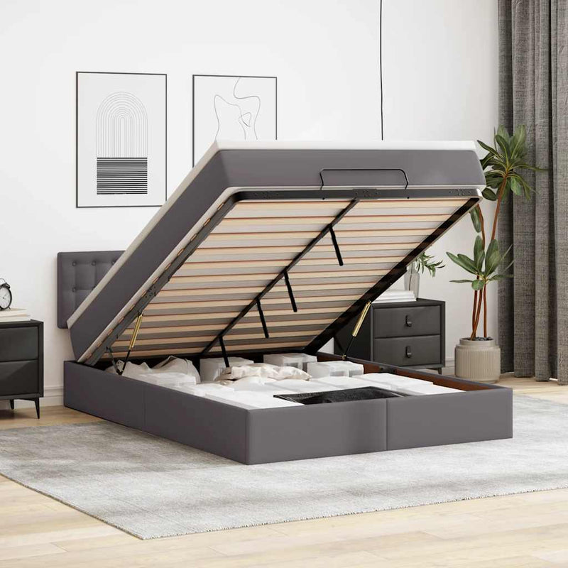 vidaXL szürke műbőr ottomán ágy matracokkal & LED-ek 140x200cm