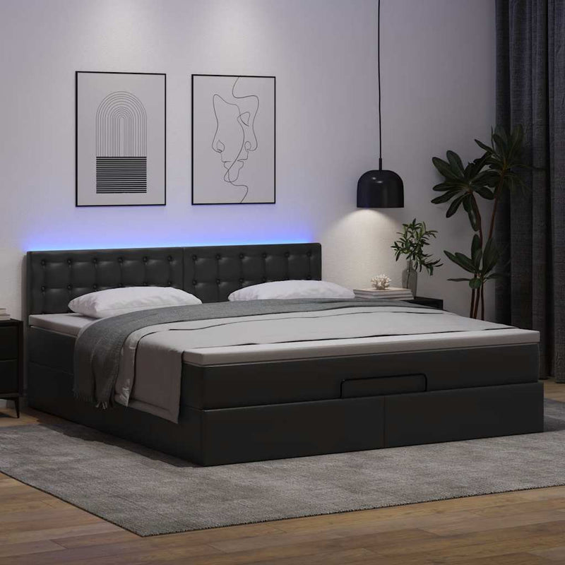 vidaXL fekete műbőr ottomán ágy matracokkal & LED-ek 180x200cm