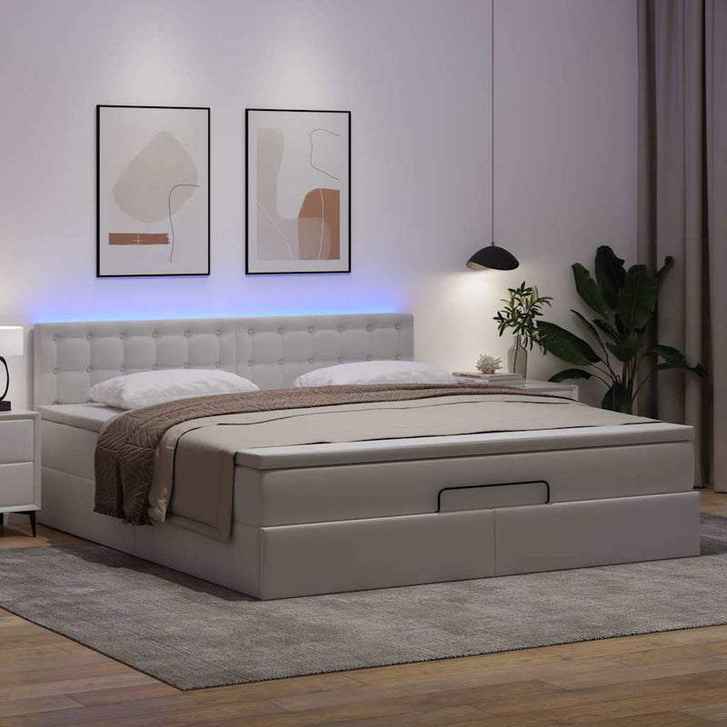 vidaXL tiszta fehér műbőr ottomán ágy matracokkal & LED-ek 180x200cm