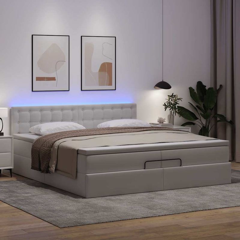 vidaXL Ottomán ágykeret matraccal tiszta fehér 200x200cm műbőrrel