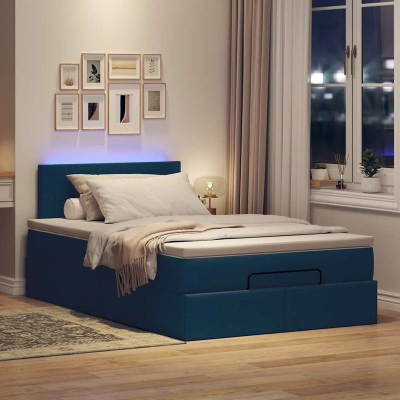 vidaXL kék szövet ottomán ágy matraccal & LED-ek 120x190cm