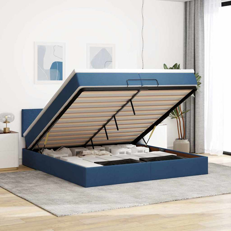 vidaXL Ottomán ágykeret matracokkal kék 200x200cm szövet
