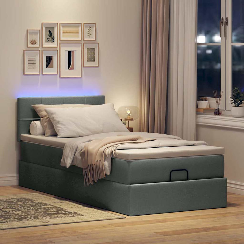 vidaXL sötétszürke szövet ottomán ágy matraccal & LED-ek 80x200cm
