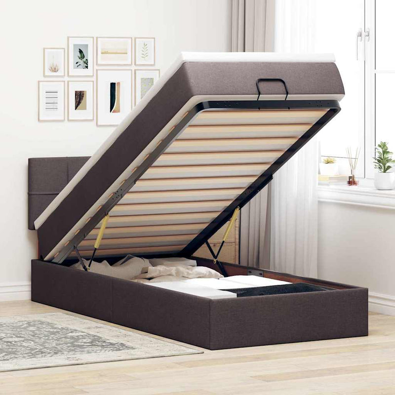 vidaXL sötétbarna szövet ottomán ágy matraccal & LED-ek 90x200 cm