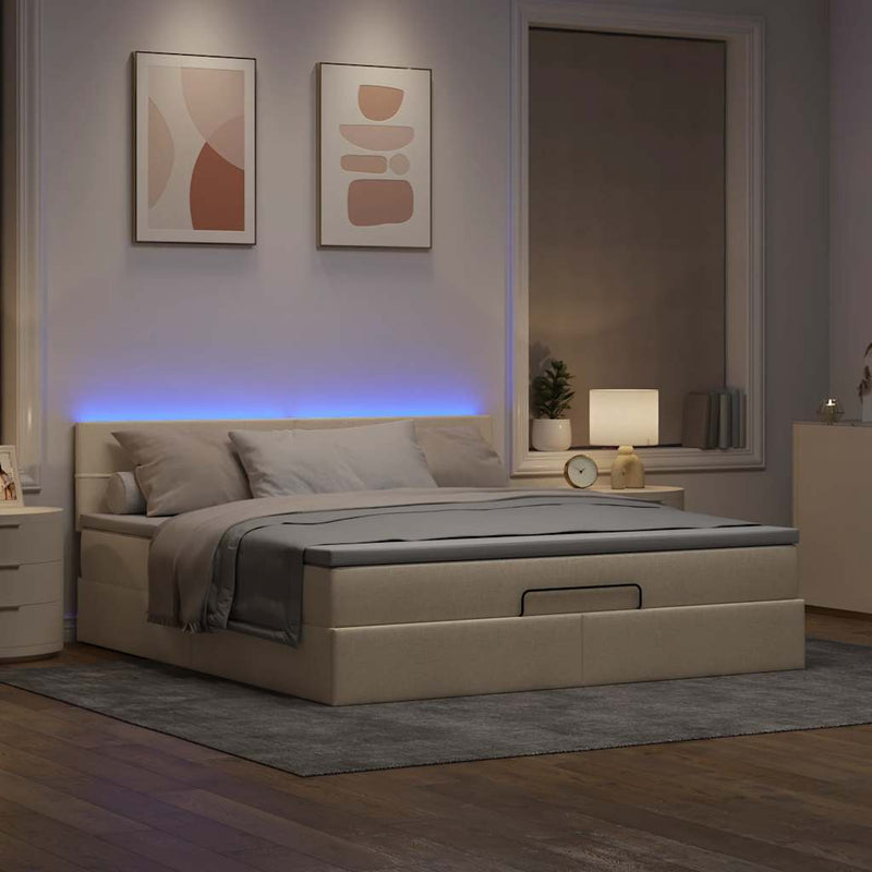 vidaXL krémszínű szövet ottomán ágy matraccal & LED-ek 180x200cm