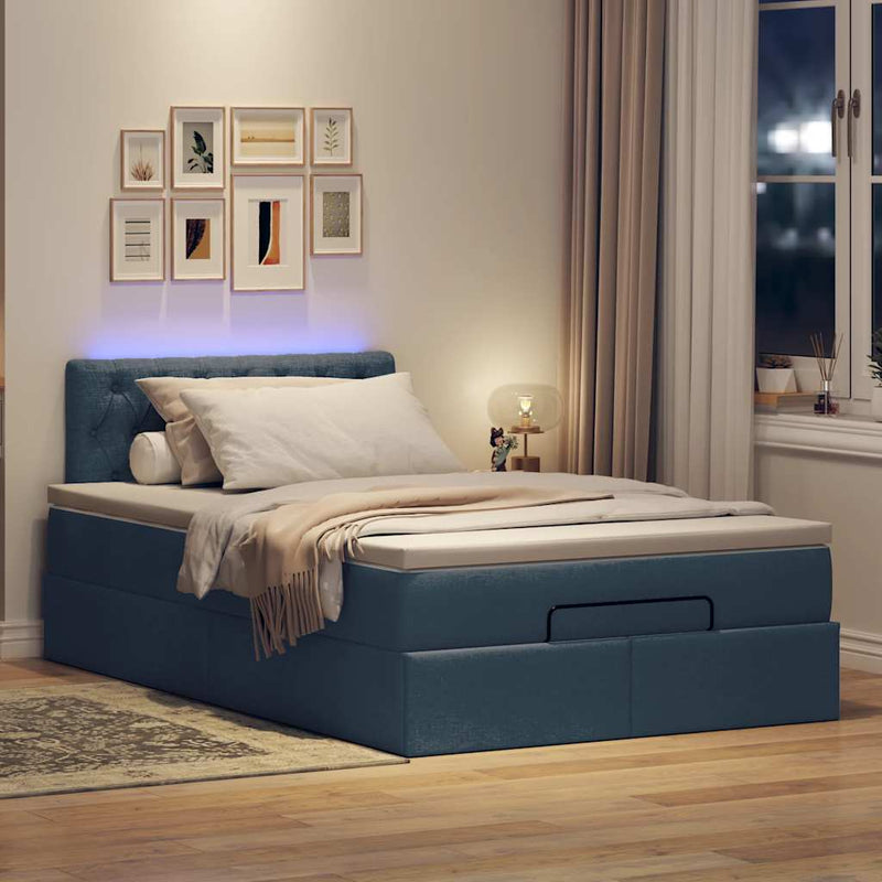 vidaXL kék szövet ottomán ágy matraccal & LED-ek 120x190cm