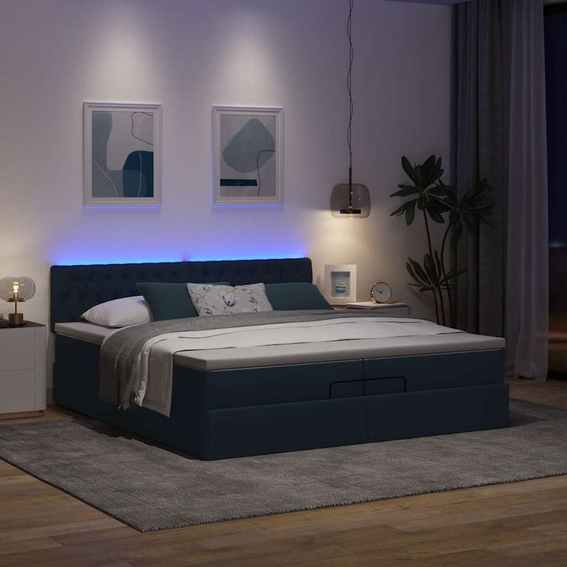 vidaXL Ottomán ágykeret matracokkal kék 200x200cm szövet