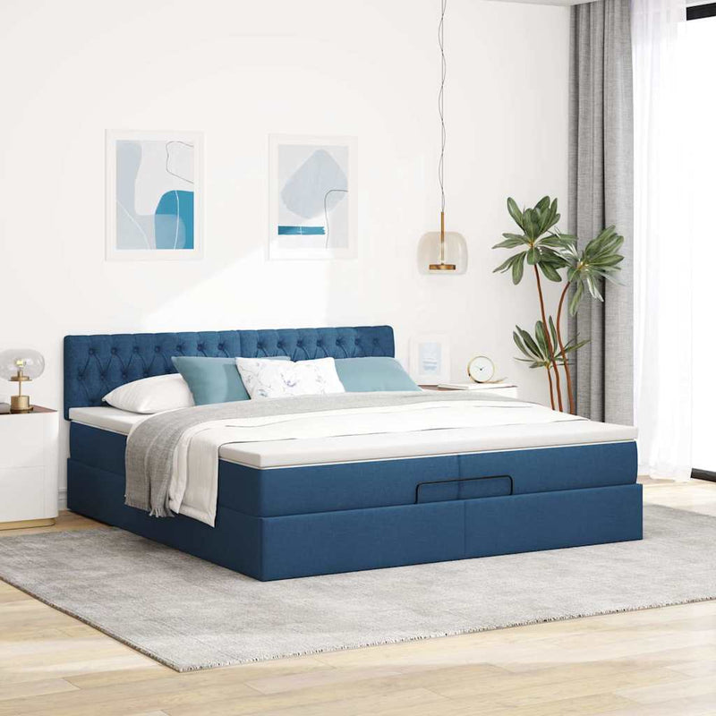 vidaXL Ottomán ágykeret matracokkal kék 200x200cm szövet