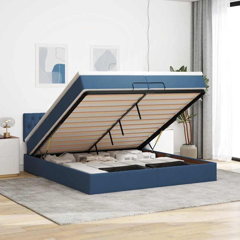 vidaXL Ottomán ágykeret matracokkal kék 200x200cm szövet