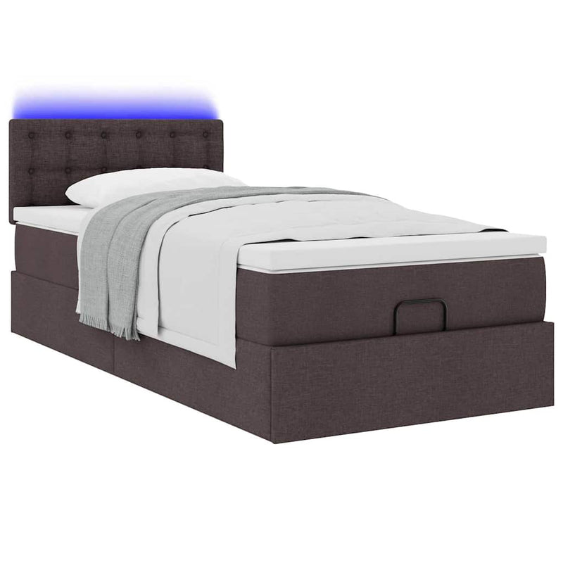 vidaXL sötétbarna szövet ottomán ágy matraccal & LED-ek 90x200 cm