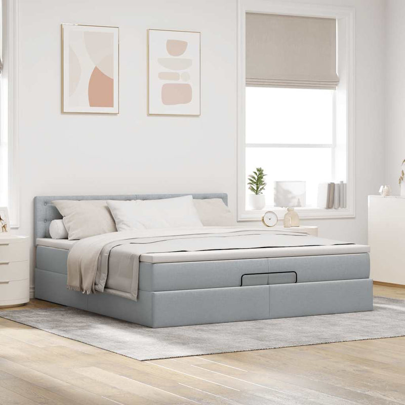 vidaXL Ottomán ágykeret matracokkal Világosszürke 200x200cm szövet