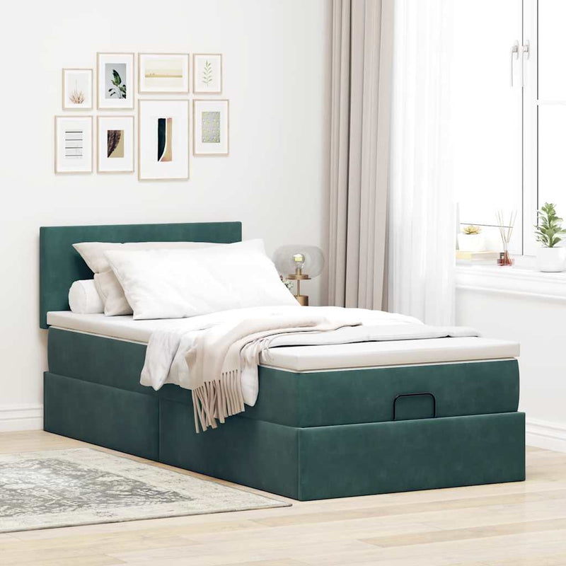 vidaXL sötétzöld bársony ottomán ágy matraccal & LED-ek 80 x 200 cm