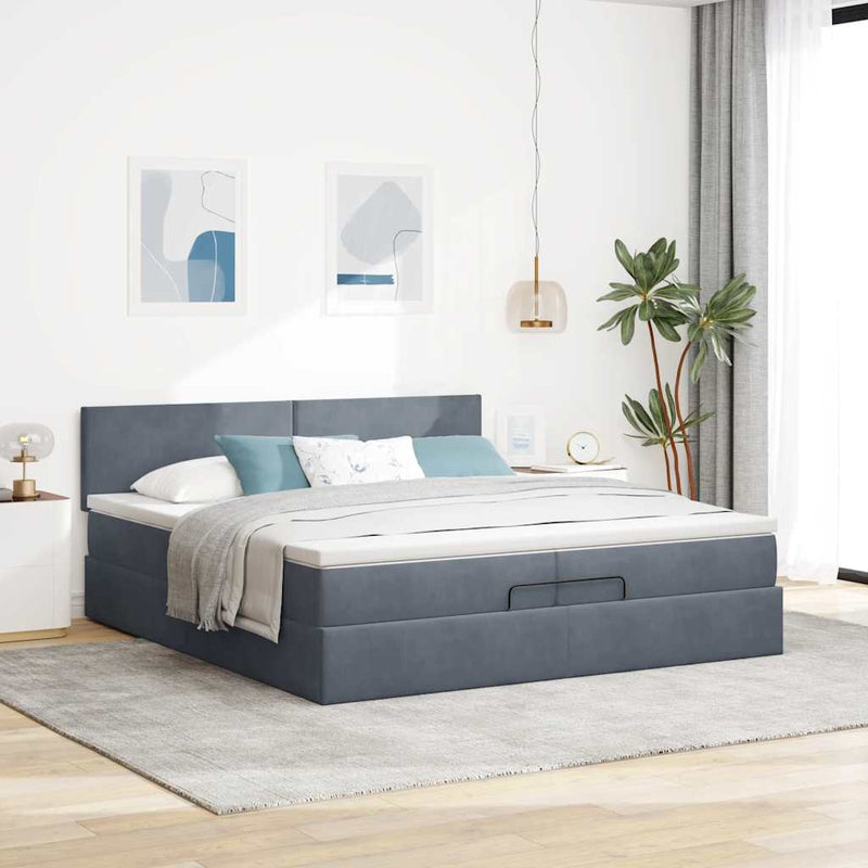 vidaXL Ottomán ágykeret matraccal Sötét szürke 200x200cm bársony